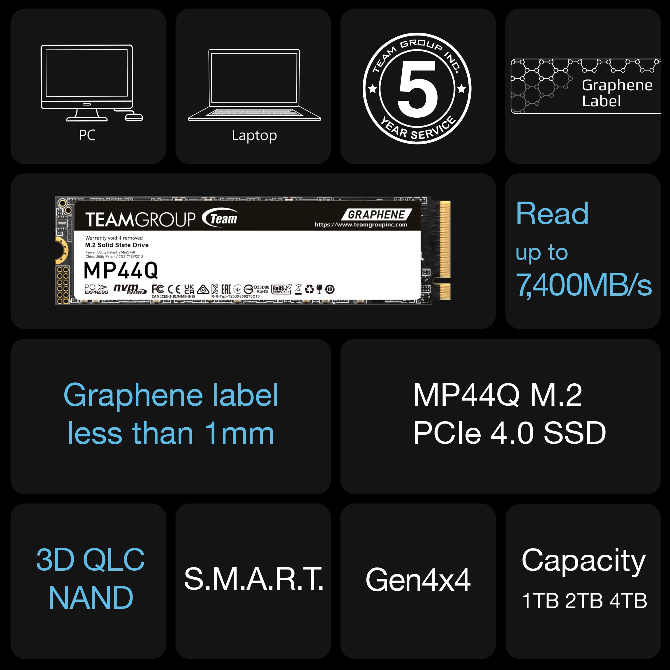 内蔵型SSD TEAMGROUP MP44Q 1TB SSD TM8FFD001T0C101 MP44Q M.2 PCIe 4.0 SSD 1TB - TEAMGROUP