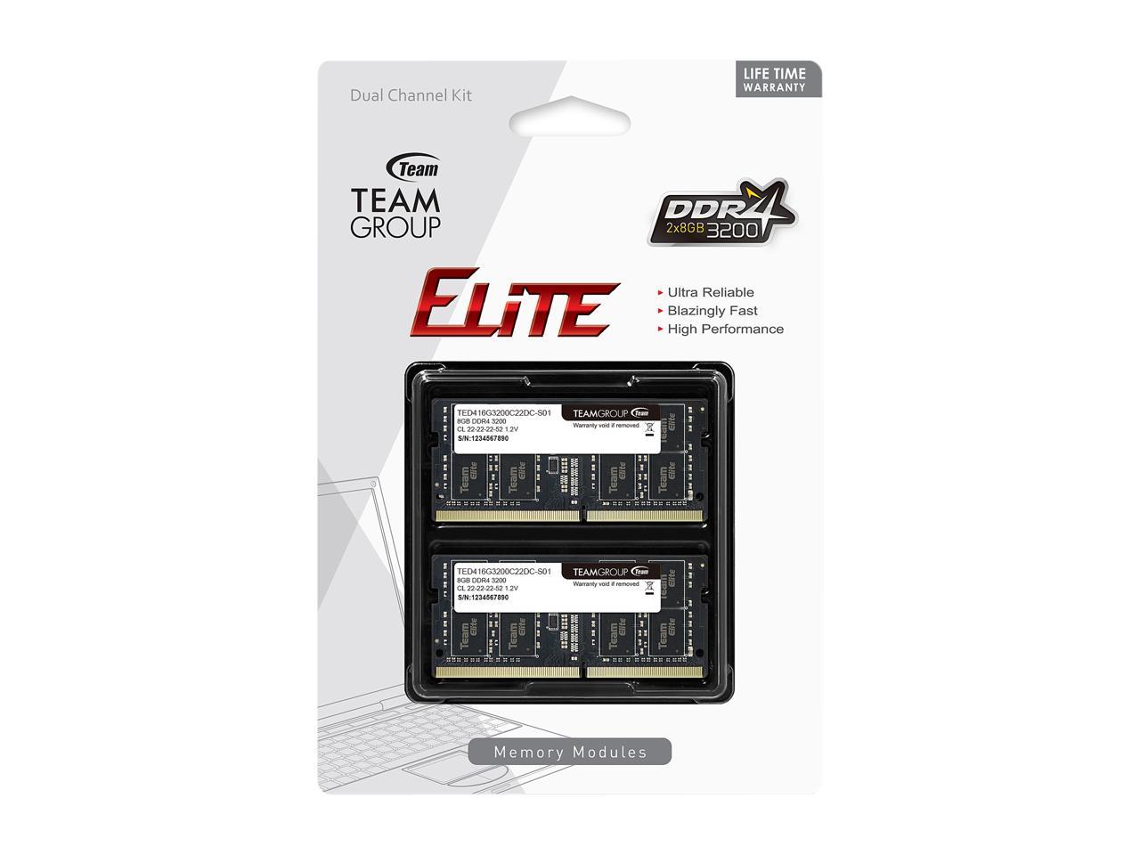 Team Elite 16GB (2 x 8GB) 260-Pin DDR4 SO-DIMM DDR4 3200 (PC4 25600) Laptop  Mem